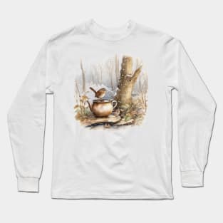 wren sitting on a  tea pot Long Sleeve T-Shirt